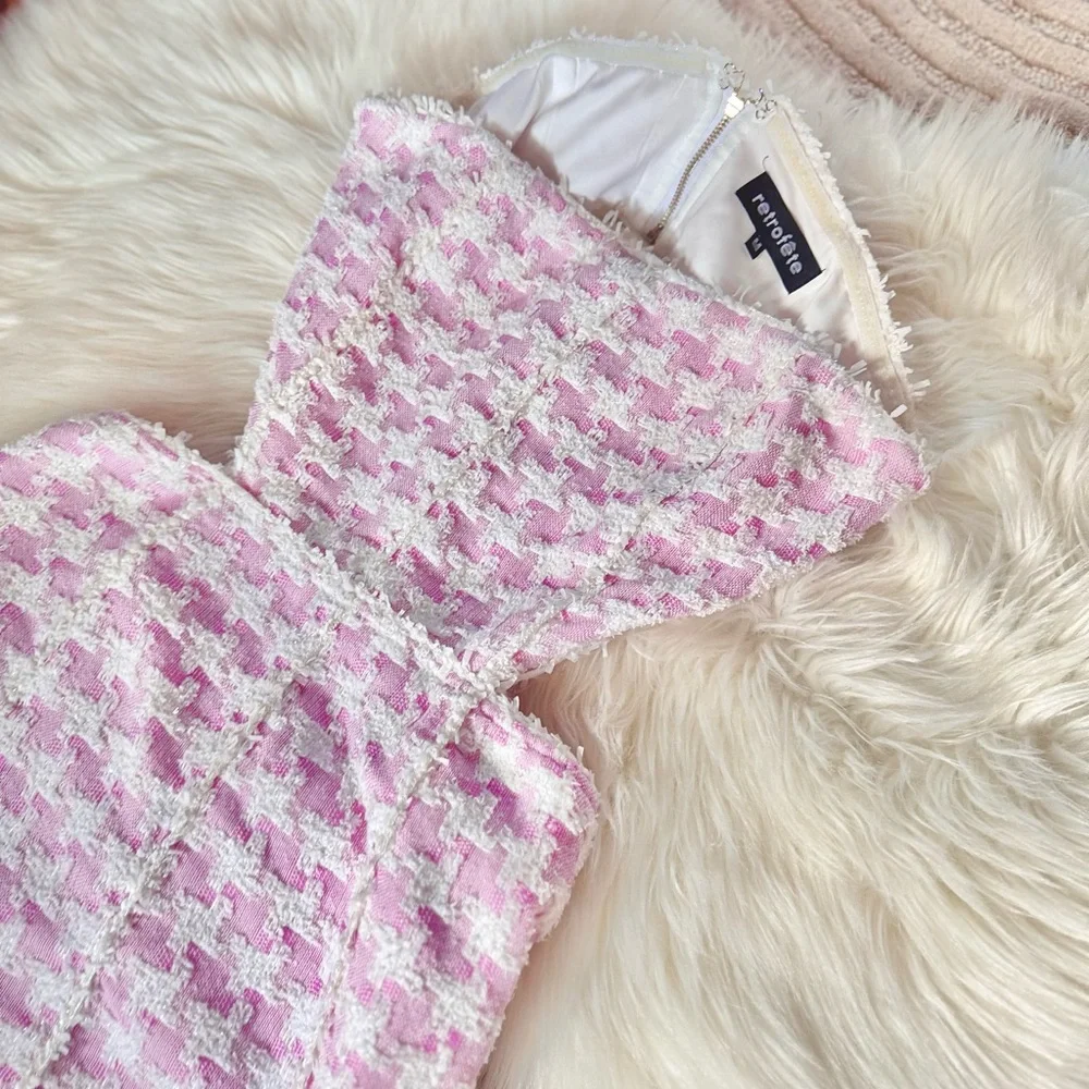 Retrofete Betheny Strapless Cutout Houndstooth Boucle-Tweed Pink Mini Dress